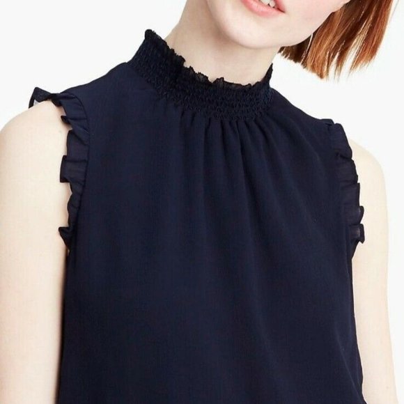 J. Crew Navy Ruffle Sleeveless Blouse - Picture 1 of 6
